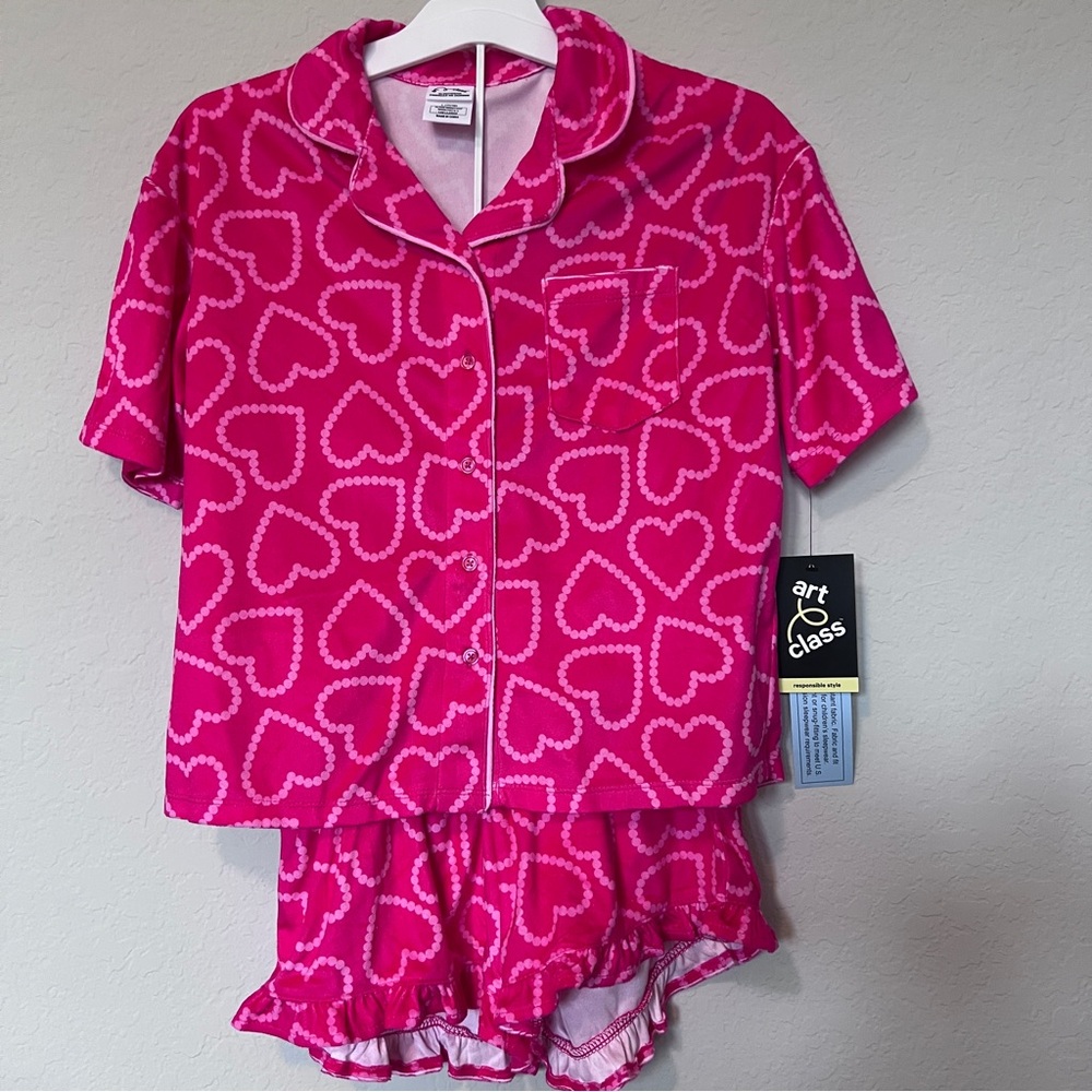NEW Art Class 2pc‎ 'Hearts' Short Sleeve Kids Pajama Set Pink Large (10/12)